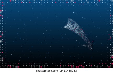 A la derecha está el símbolo de la flecha abajo con puntos blancos. Estilo de puntillismo. Resumen marco futurista de puntos y círculos. Algunos puntos son rosas. Ilustración vectorial sobre fondo azul con estrellas