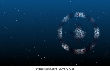 On the right is the download symbol filled with white dots. Background pattern from dots and circles of different shades. Vector illustration on blue background with stars