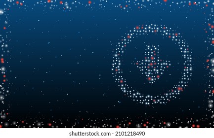On the right is the download symbol filled with white dots. Pointillism style. Abstract futuristic frame of dots and circles. Some dots is red. Vector illustration on blue background with stars