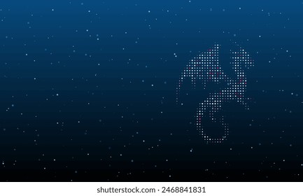 On the right is the dragon symbol filled with white dots. Background pattern from dots and circles of different shades. Vector illustration on blue background with stars