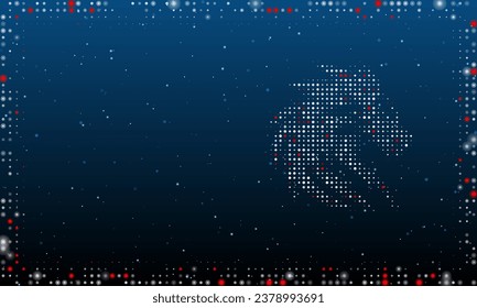 On the right is the dragon's head symbol filled with white dots. Pointillism style. Abstract futuristic frame of dots and circles. Some dots is red. Vector illustration on blue background with stars