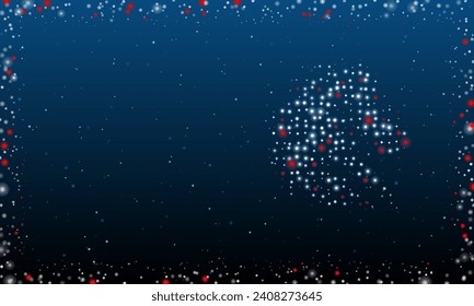 On the right is the dragon's head symbol filled with white dots. Pointillism style. Abstract futuristic frame of dots and circles. Some dots is red. Vector illustration on blue background with stars