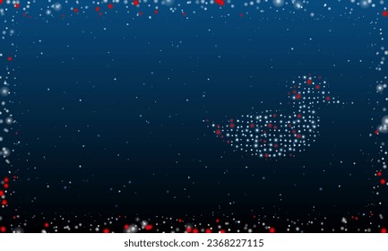 On the right is the duck symbol filled with white dots. Pointillism style. Abstract futuristic frame of dots and circles. Some dots is red. Vector illustration on blue background with stars