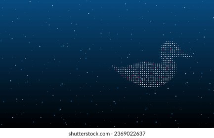 On the right is the duck symbol filled with white dots. Background pattern from dots and circles of different shades. Vector illustration on blue background with stars