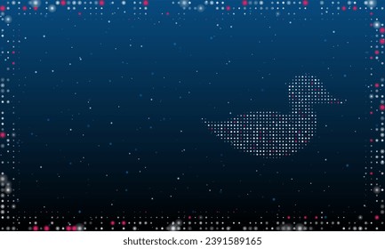 A la derecha está el símbolo del pato lleno de puntos blancos. Estilo de puntillismo. Resumen marco futurista de puntos y círculos. Algunos puntos son rosas. Ilustración vectorial sobre fondo azul con estrellas