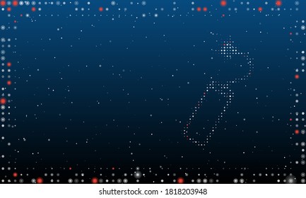 A la derecha está el símbolo dinamita lleno de puntos blancos. Resumen marco futurista de puntos y círculos. Algunos puntos son rojos. Ilustración vectorial sobre fondo azul con estrellas