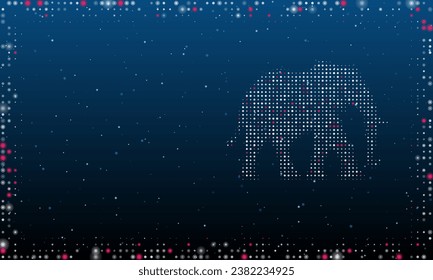 On the right is the elephant symbol filled with white dots. Pointillism style. Abstract futuristic frame of dots and circles. Some dots is pink. Vector illustration on blue background with stars
