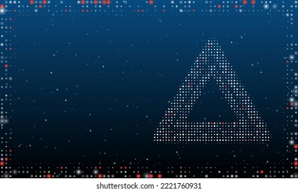 Auf der rechten Seite befindet sich das mit weißen Punkten gefüllte Notstoppsymbol. Pointillismus-Stil. Abstrakter futuristischer Rahmen von Punkten und Kreisen. Einige Punkte sind rot. Vektorgrafik auf blauem Hintergrund mit Sternen