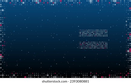 A la derecha está el símbolo igual rellenado con puntos blancos. Estilo de puntillismo. Resumen marco futurista de puntos y círculos. Algunos puntos son rosas. Ilustración vectorial sobre fondo azul con estrellas