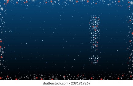 On the right is the exclamation symbol filled with white dots. Pointillism style. Abstract futuristic frame of dots and circles. Some dots is red. Vector illustration on blue background with stars