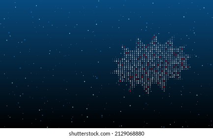 On the right is the explosion symbol filled with white dots. Background pattern from dots and circles of different shades. Vector illustration on blue background with stars