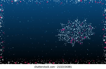 On the right is the explosion symbol filled with white dots. Pointillism style. Abstract futuristic frame of dots and circles. Some dots is pink. Vector illustration on blue background with stars