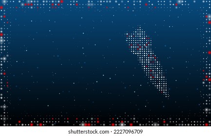 A la derecha está el símbolo del cohete que cae lleno de puntos blancos. Estilo de puntillismo. Resumen marco futurista de puntos y círculos. Algunos puntos son rojos. Ilustración vectorial sobre fondo azul con estrellas