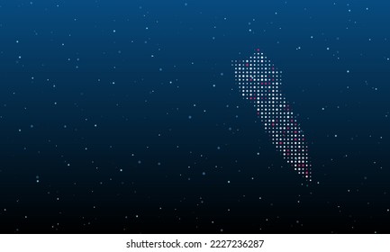 Auf der rechten Seite befindet sich das abfallende Raketensymbol, gefüllt mit weißen Punkten. Hintergrundmuster aus Punkten und Kreisen verschiedener Farben. Vektorgrafik auf blauem Hintergrund mit Sternen
