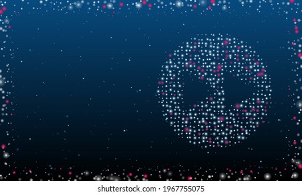 On the right is the fast forward symbol filled with white dots. Pointillism style. Abstract futuristic frame of dots and circles. Some dots is pink. Vector illustration on blue background with stars