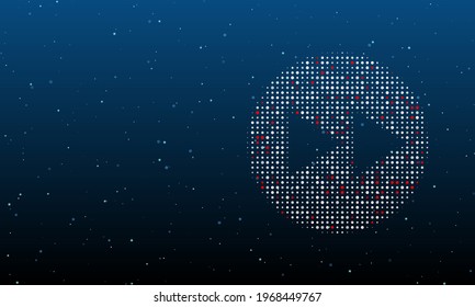 On the right is the fast forward symbol filled with white dots. Background pattern from dots and circles of different shades. Vector illustration on blue background with stars