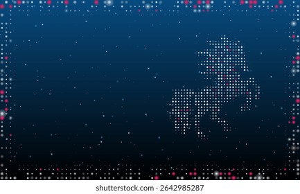 On the right is the fiery horse symbol filled with white dots. Pointillism style. Abstract futuristic frame of dots and circles. Some dots is pink. Vector illustration on blue background with stars