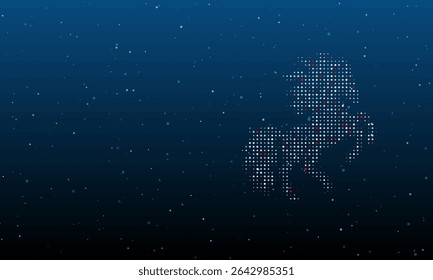 On the right is the fiery horse symbol filled with white dots. Background pattern from dots and circles of different shades. Vector illustration on blue background with stars