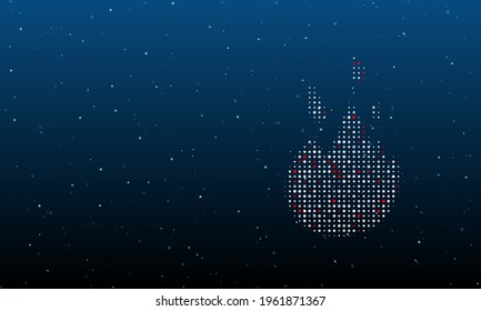 On the right is the fire symbol filled with white dots. Background pattern from dots and circles of different shades. Vector illustration on blue background with stars