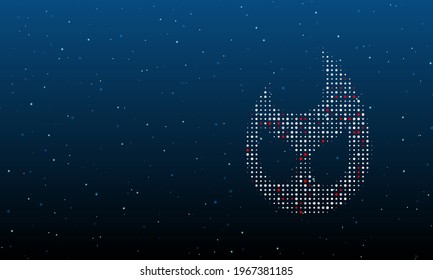 On the right is the fire symbol filled with white dots. Background pattern from dots and circles of different shades. Vector illustration on blue background with stars