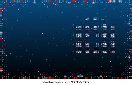 On the right is the first aid symbol filled with white dots. Pointillism style. Abstract futuristic frame of dots and circles. Some dots is red. Vector illustration on blue background with stars