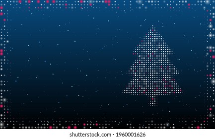 On the right is the fir-tree symbol filled with white dots. Pointillism style. Abstract futuristic frame of dots and circles. Some dots is pink. Vector illustration on blue background with stars