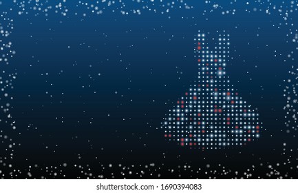 On the right is the flared dress symbol filled with white dots. Abstract futuristic frame of white dots and circles. Some dots is red. Vector illustration on blue background with stars