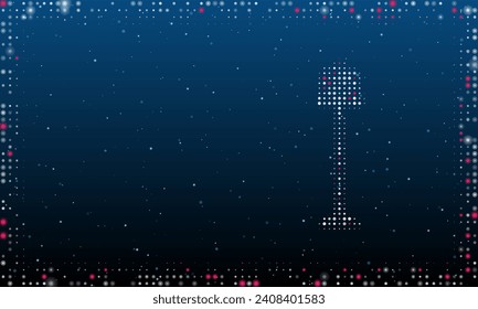 On the right is the floor lamp symbol filled with white dots. Pointillism style. Abstract futuristic frame of dots and circles. Some dots is pink. Vector illustration on blue background with stars