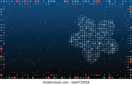 Auf der rechten Seite ist die vergessene Blume, gefüllt mit weißen Punkten. Abstrakter futuristischer Rahmen aus weißen Punkten und Kreisen. Einige Punkte sind rot. Vektorillustration auf blauem Hintergrund mit Sternen