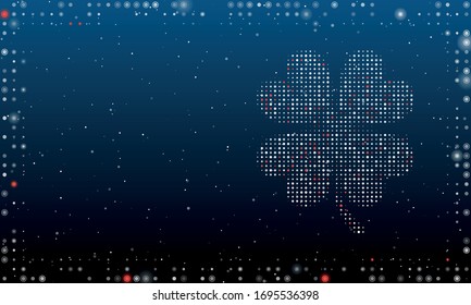 On the right is the four-leaf clover symbol filled with white dots. Abstract futuristic frame of white dots and circles. Some dots is red. Vector illustration on blue background with stars