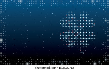 On the right is the four-leaf clover symbol filled with white dots. Abstract futuristic frame of white dots and circles. Some dots is red. Vector illustration on blue background with stars