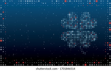 On the right is the four-leaf clover symbol filled with white dots. Abstract futuristic frame of white dots and circles. Some dots is red. Vector illustration on blue background with stars