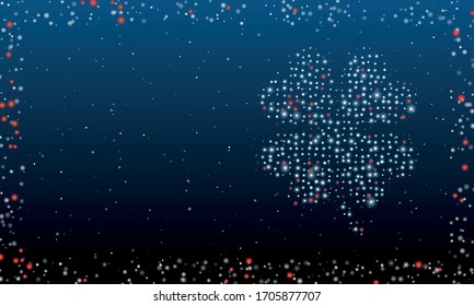 Auf der rechten Seite befindet sich das vierblättrige Kleeblattsymbol, das mit weißen Punkten gefüllt ist. Abstrakter futuristischer Rahmen aus weißen Punkten und Kreisen. Einige Punkte sind rot. Vektorillustration auf blauem Hintergrund mit Sternen