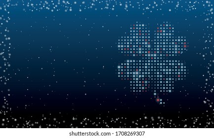 A la derecha está el símbolo de trébol de cuatro hojas lleno de puntos blancos. Dibujo futurista abstracto de puntos y círculos blancos. Algunos puntos son rojos. Ilustración vectorial sobre fondo azul con estrellas