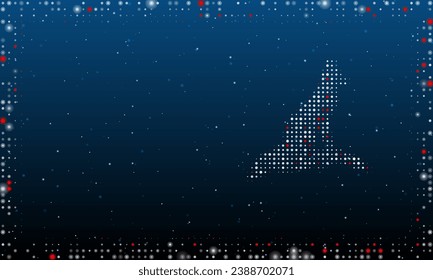 Auf der rechten Seite ist das Fuchssymbol mit weißen Punkten gefüllt. Pointillismus-Stil. Abstrakter futuristischer Rahmen von Punkten und Kreisen. Einige Punkte sind rot. Vektorgrafik auf blauem Hintergrund mit Sternen