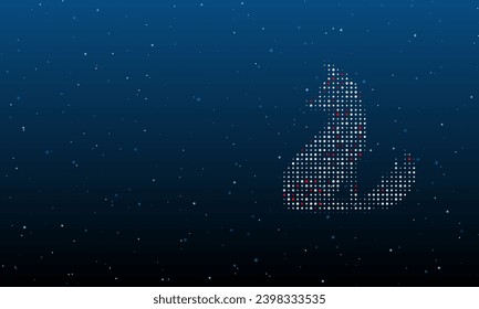 On the right is the fox symbol filled with white dots. Background pattern from dots and circles of different shades. Vector illustration on blue background with stars