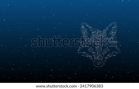 On the right is the fox's head symbol filled with white dots. Background pattern from dots and circles of different shades. Vector illustration on blue background with stars