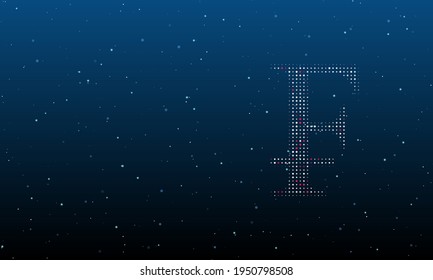 On the right is the franc symbol filled with white dots. Background pattern from dots and circles of different shades. Vector illustration on blue background with stars