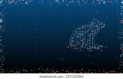 On the right is the frog symbol filled with white dots. Pointillism style. Abstract futuristic frame of dots and circles. Some dots is red. Vector illustration on blue background with stars