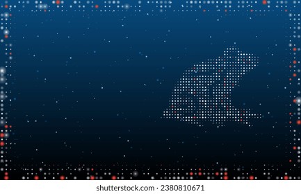 On the right is the frog symbol filled with white dots. Pointillism style. Abstract futuristic frame of dots and circles. Some dots is red. Vector illustration on blue background with stars