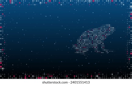 On the right is the frog symbol filled with white dots. Pointillism style. Abstract futuristic frame of dots and circles. Some dots is pink. Vector illustration on blue background with stars