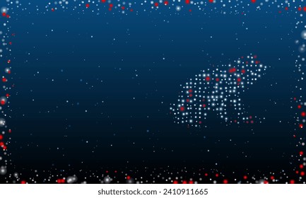 Rechts ist das Froschsymbol mit weißen Punkten gefüllt. Pointillismus-Stil. Abstrakter futuristischer Rahmen von Punkten und Kreisen. Einige Punkte sind rot. Vektorgrafik auf blauem Hintergrund mit Sternen