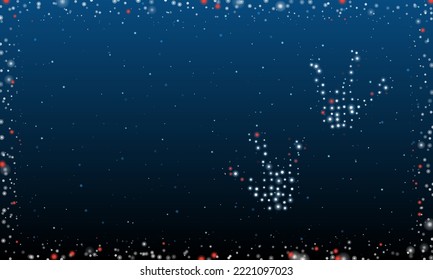 On the right is the frog tracks symbol filled with white dots. Pointillism style. Abstract futuristic frame of dots and circles. Some dots is red. Vector illustration on blue background with stars