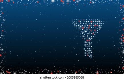 Auf der rechten Seite befindet sich das mit weißen Punkten gefüllte Trichter-Symbol. Pointillismus-Stil. Abstrakter futuristischer Rahmen von Punkten und Kreisen. Einige Punkte sind rot. Vektorgrafik auf blauem Hintergrund mit Sternen
