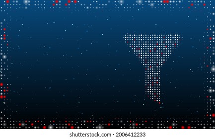A la derecha está el símbolo del embudo lleno de puntos blancos. Estilo de puntillismo. Resumen marco futurista de puntos y círculos. Algunos puntos son rojos. Ilustración vectorial sobre fondo azul con estrellas