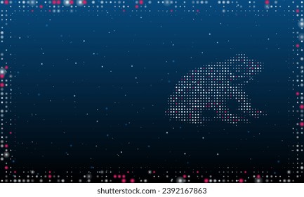 A la derecha está el gracioso símbolo de rana lleno de puntos blancos. Estilo de puntillismo. Resumen marco futurista de puntos y círculos. Algunos puntos son rosas. Ilustración vectorial sobre fondo azul con estrellas