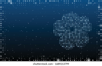 On the right is the geranium symbol filled with white dots. Abstract futuristic frame of white dots and circles. Vector illustration on blue background with stars