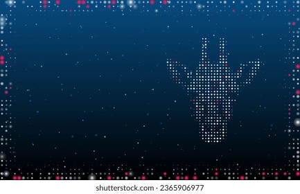 On the right is the giraffe head symbol filled with white dots. Pointillism style. Abstract futuristic frame of dots and circles. Some dots is pink. Vector illustration on blue background with stars
