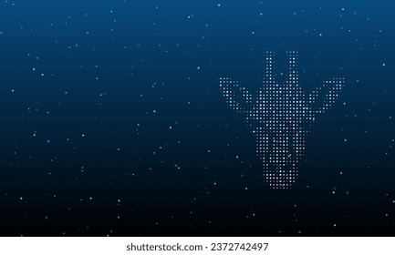 On the right is the giraffe head symbol filled with white dots. Background pattern from dots and circles of different shades. Vector illustration on blue background with stars