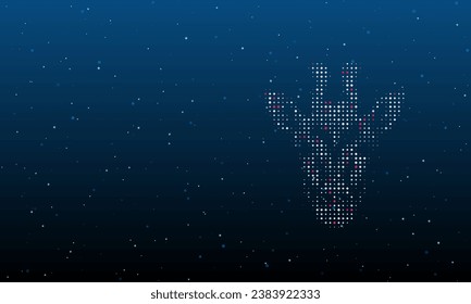 On the right is the giraffe head symbol filled with white dots. Background pattern from dots and circles of different shades. Vector illustration on blue background with stars